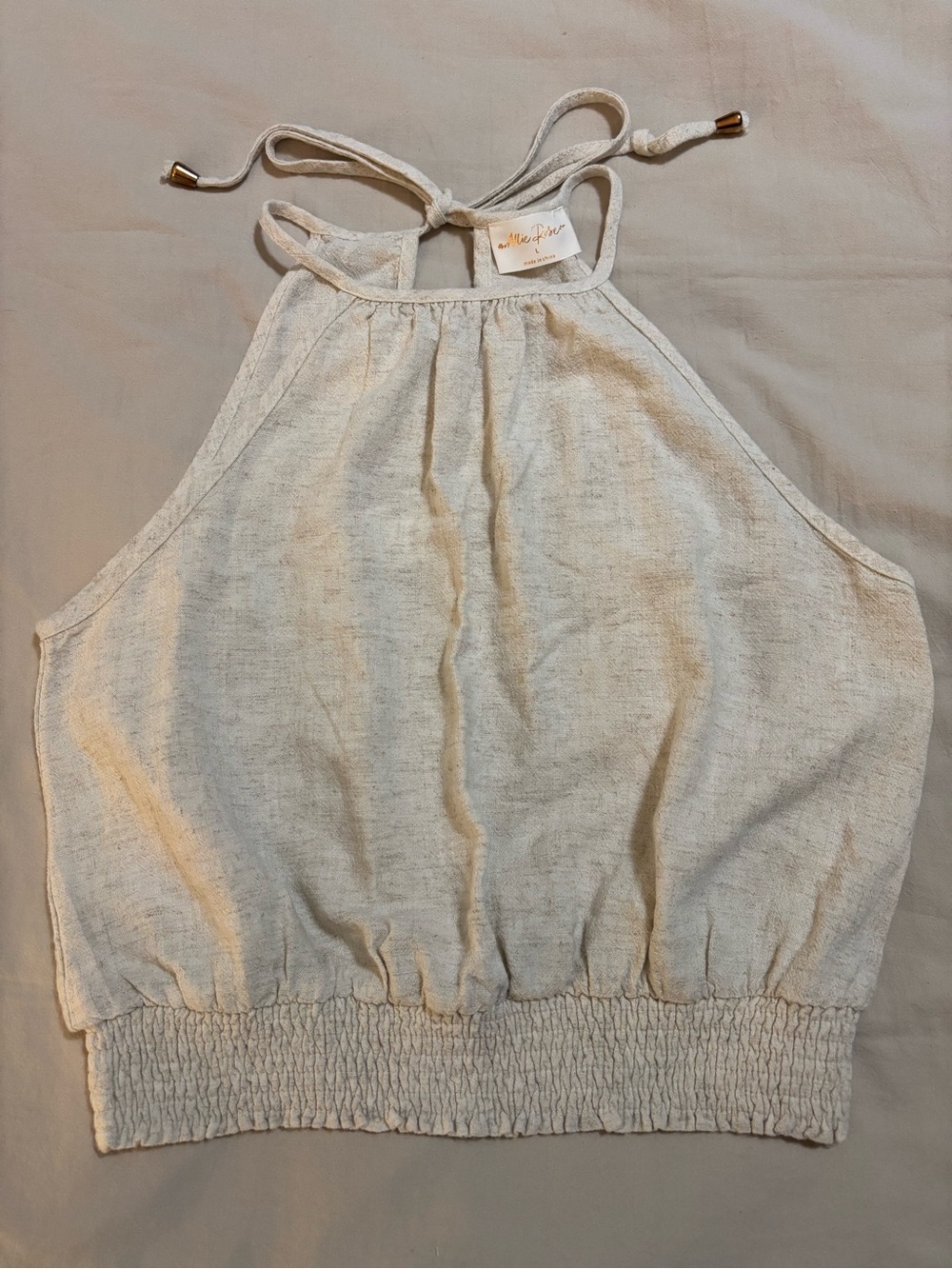 Allie Rose Cream Linen Blend Halter Top | Smocked Waist Tie Neck | Size L
